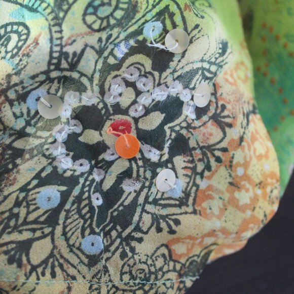 Coldwater Creek Top 100% Silk Blouse Faux Wrap Womens M Orange Green Boho 70's - Picture 5 of 8